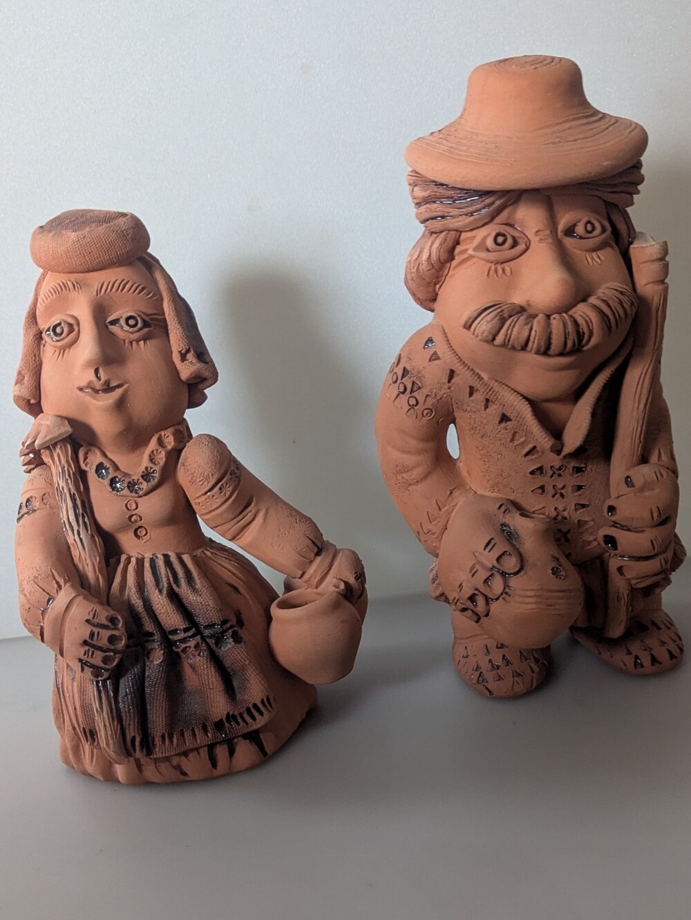 Set of 2 Vintage Handcrafted Folk Art Terracotta Sculptures Farmer Man & Woman
